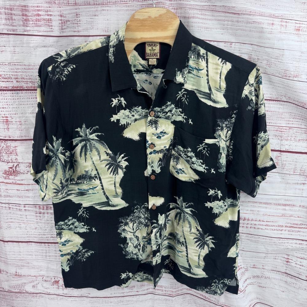 Tommy Bahama Camp Shirt Mens XL Silk Hawaiian Tropical Palm Tree Island Print‎